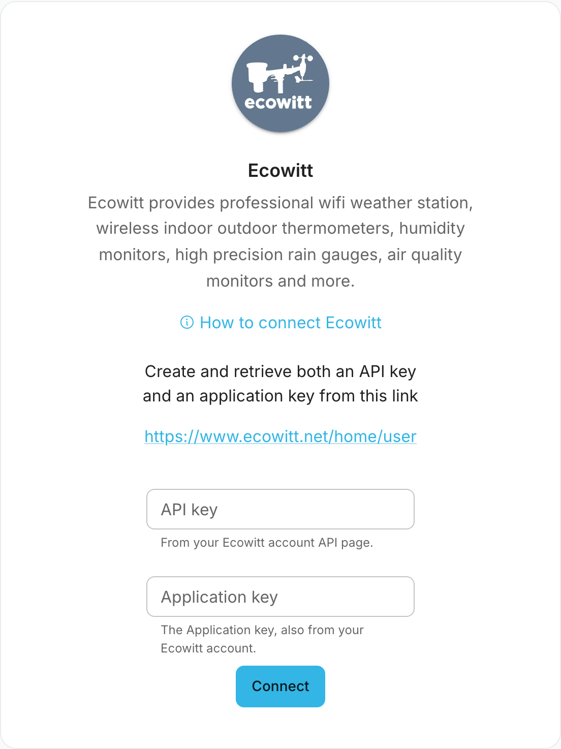 Die Ecowitt-Seite mit den Feldern für API-Schlüssel und Anwendungsschlüssel