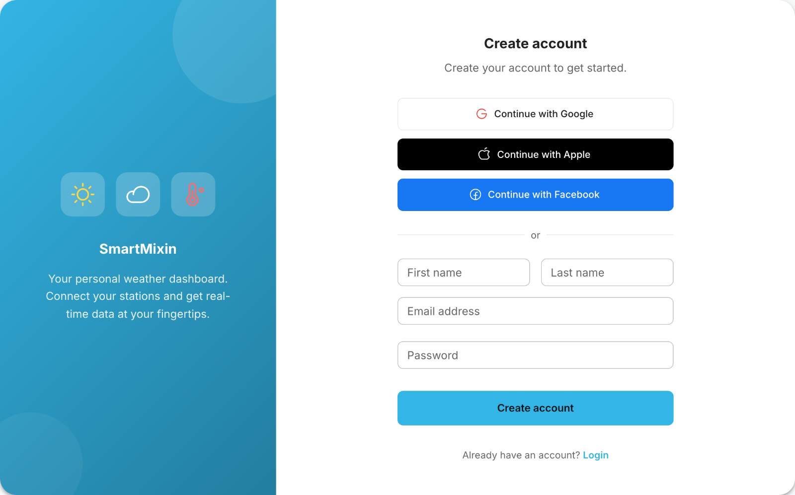 Die SmartMixin-Registrierungsseite mit E-Mail- und Social-Login-Optionen