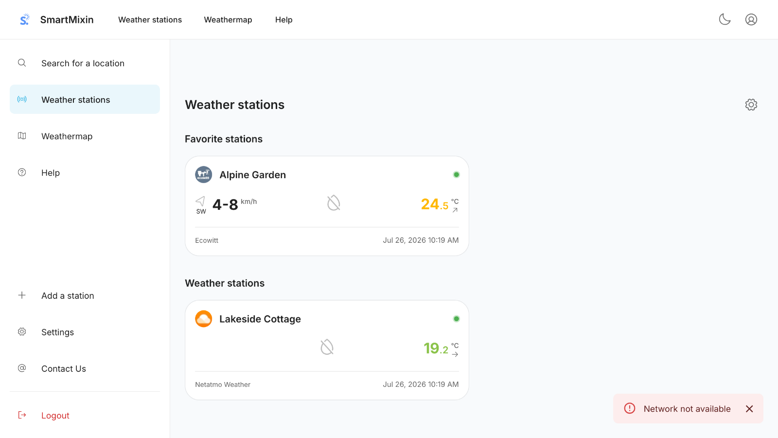 Das Stations-Dashboard mit den aktuellen Bedingungen